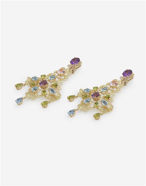 Pizzo earrings in yellow gold filigree with amethysts, aquamarines 